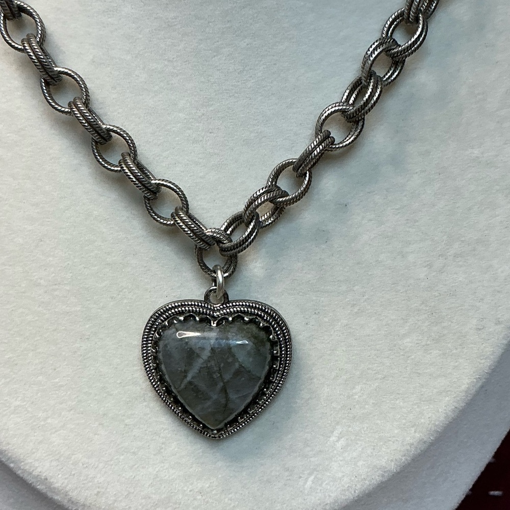 Antique Silver Double Chain with Lab Heart Pendant - Picture 2 of 3